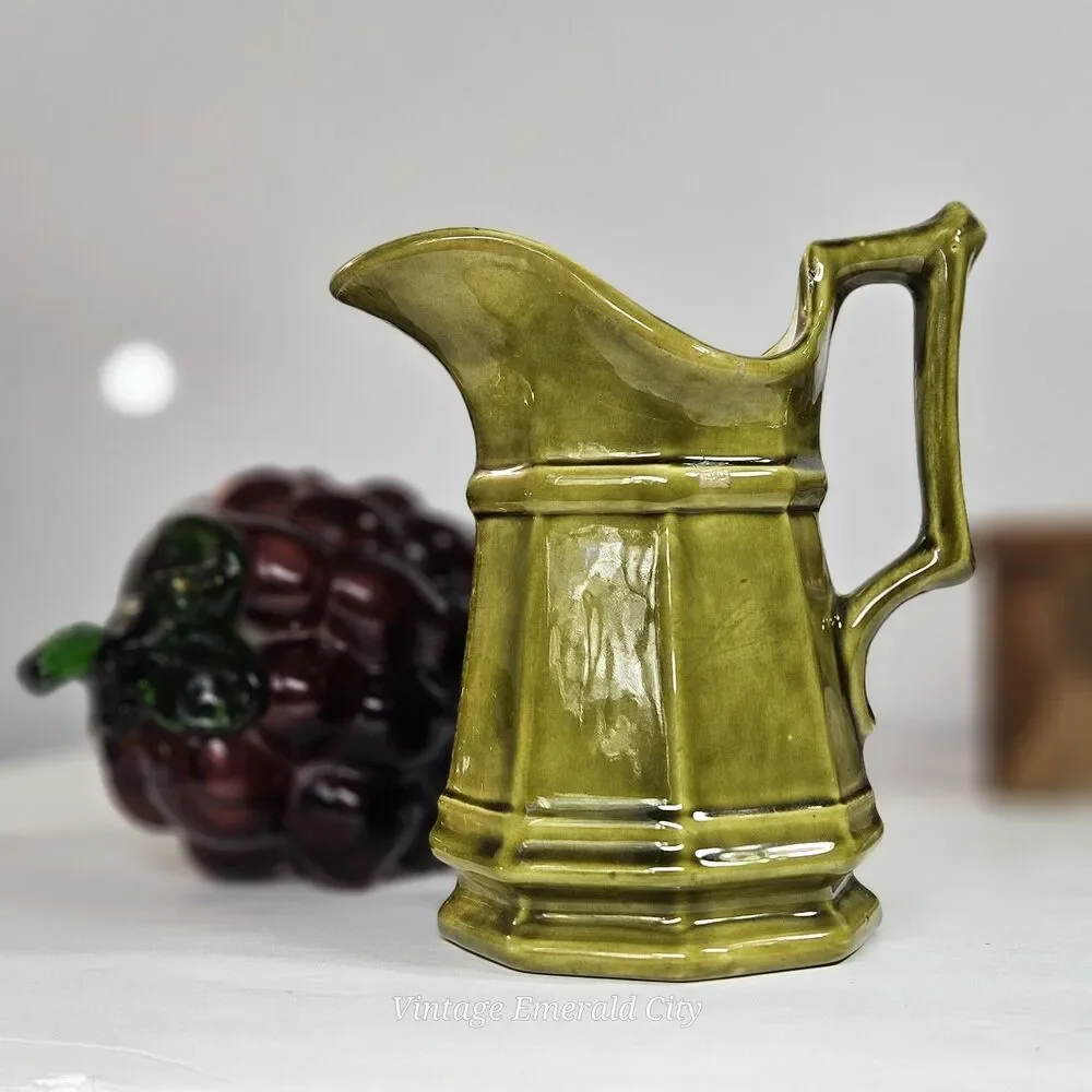 Vtg Studio Pottery Creamer Olive Green Paneled Octagon Mini Stone Pitcher Signed